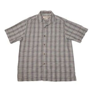Tommy Bahama Men's Medium Shirt Gray Striped Button Up Short Sleeve Silk Cotton‎